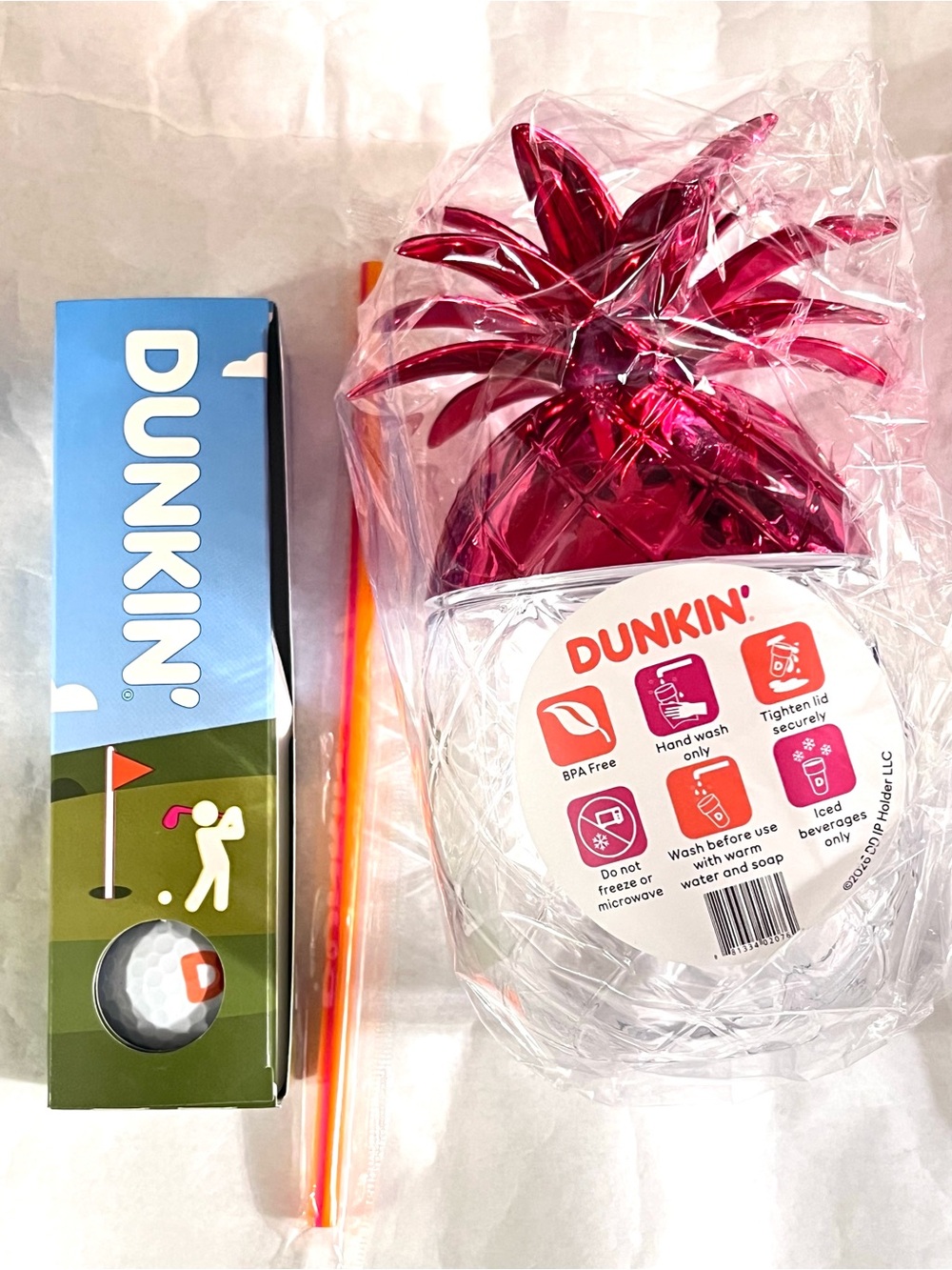 Dunkin Donuts Pineapple Cup Tumbler & TaylorMade Golf Ball Gift Set Pink & White